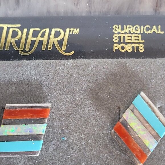 Trifari Geometric Color Block Inlay Stud Earrings Surgical Steel Posts - Picture 2 of 4